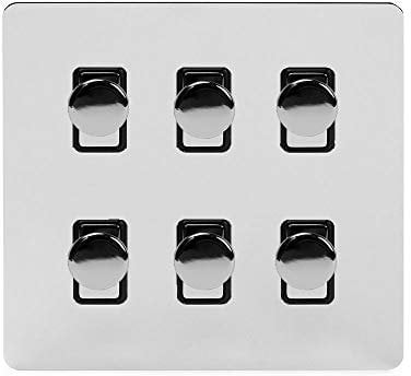 Soho Lighting Polished Chrome Flat Plate 6 Gang 2 Way Intelligent Trailing Dimmer Light Switch Screwless 400W