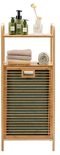 GIANTEX Badregal mit ausklappbarem Wäschesack, Badezimmerregal aus Bambus, Badschrank mit 2 Ablagen, Wäschekorb für Wascheküche & Badezimmer (40,5 x 33 x 95,5cm)