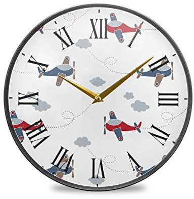 White Cartoon Plane Wall Clock Round Plate Silent Non Ticking Circular Clock for Kitchen Home Office School Kid Boy