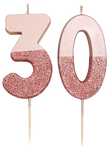Talking Tables 30th Rose Gold Birthday Number Cake Candle Topper Dipped in Glitter