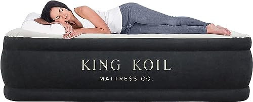 King Koil Materasso ad aria Queen con pompa ad alta velocità integrata, letto gonfiabile superiore e floccaggio laterale, resistente alle forature, materasso gonfiabile matrimoniale ad aria per