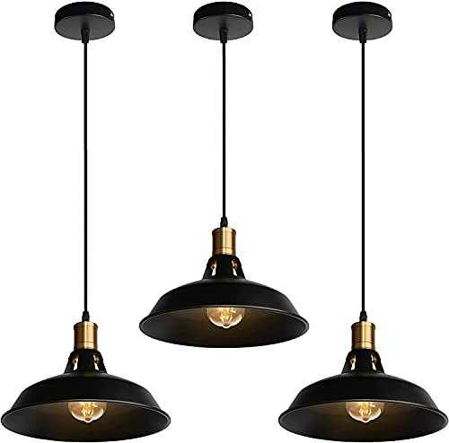TOKIUS Lot de 3 Suspensions Lustres Industrielles Vintage Luminaire Plafonnier E27 Salon Abat-jour Plafond en Métal Rétro Style Nordique Design Câble Réglable (Noir, 3pcs)