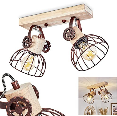 Deckenleuchte Orny, Deckenlampe Vintage-Design aus Holz/Metall in Natur/Rostfarben m. Schirmen in Gitter-Optik, Leuchte m. Holzbalken, Textilkabeln u. verstellbaren Strahlern, E27, ohne Leuchtmittel