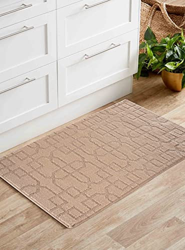 IVY Washable Door Mat Kitchen Mats Non Slip Cubed Trellis Design Kitchen & Hall Runners Doormats, Beige, 80x150 cm