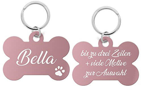 Aluminium Hundemarke Hundeknochen mit Gravur - personalisiert hochwertiger Lasergravur, Adressanhänger Hund für Hunde oder Katzen (rosarot), PIU-HM-KNO-01, 39x26x1 mm