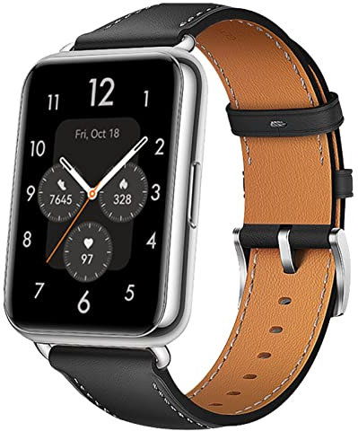 Miimall Compatible for Huawei Watch Fit 2 Leather Strap, Genuine Leather Adjustable Band with Stainless Steel Buckle, Replacement Bracelet Strap for Huawei Watch Fit 3-Black
