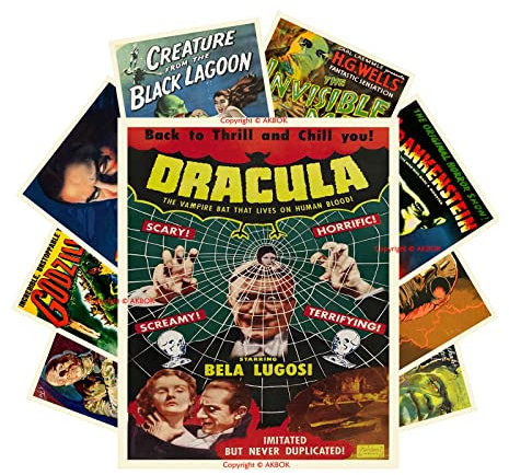 AKBOK Vintage-Horror-Monster-Film-Poster, klassisches Gruselfilm-Poster, Wandkunstdrucke, Heimkino-Set für Männerhöhle, Wohnzimmer, Schlafzimmer, 20,3 x 25,4 cm, ungerahmt, 9 Stück
