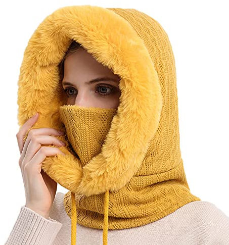 JFAN Cagoule Femme Hiver avec Doublure Molleton éPais Chaud Bonnet Femme Hiver Chaud éCharpe pour l'hiver Cyclisme Ski Bonnet Cache Cou Femme,Jaune Taille Unique