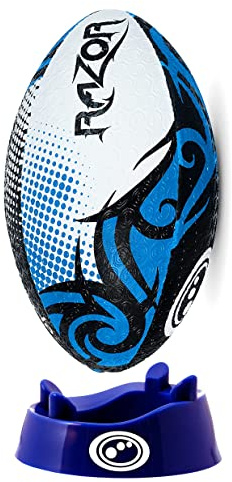 Optimum Razor Rugbyball, perfekt für Training & Gameplay, tolle Flug- und Luftrückhaltung, gummierte Noppenoberfläche für Grip, 2-lagig, 410 g, Schwarz/Blau, Größe 4, inklusive Kicking Tee
