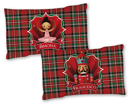 Babloo Coppia di Federe Natalizie Personalizzabili con Nome da Letto Matrimoniale Grafica Tartan Schiaccianoci e Ballerina Idea Regalo per Natale