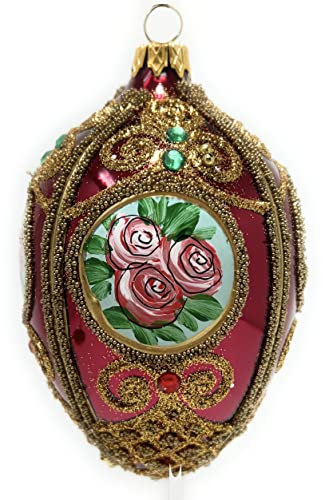 Polish Gallery Fabergé Ei 12,7 cm geblasenes Glas Weihnachtsbaum Ornament Rosen Portrait (Burgunderrot glänzend, 12,7 cm)