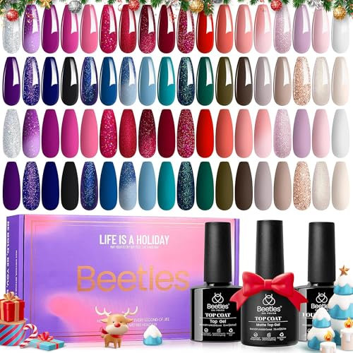 Beetles Gel-Nagellack-Set, Glitzer, Rot, Burgunderrot, Blau, Grün, Nude, Weiß, Rosa, Lila, Gel-Nagellack, 39-teilig, Geschenk für Mädchen, mit Basis, mattem, glänzendem Überlack