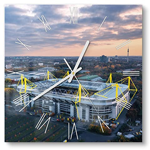 DEQORI Glasuhr | 30x30 cm | Motiv Signal Iduna, Dortmund | ausgefallene leise Design Uhr aus Glas | Wanduhr für Wohnzimmer & Küche | Moderne Hingucker Uhr für die Wand