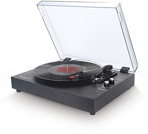 Vintage Wireless Turntable, 3-Speed Fully Automatic Bluetooth Belt-Drive Stereo Turntable with Built in Speakers and dust cover, Vinyl Record Player, Aux-in Functionality, for Home Music