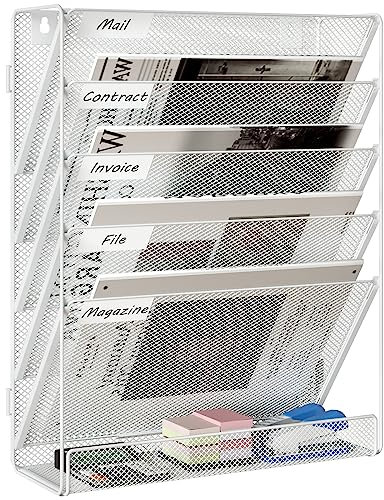 EasyPAG 6 Tier Assemble A4 Mesh in Tray Hanging Wall File Holder Mail Organiser Magazine Storage Rack,White