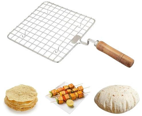 PANCA Papad Jali Roast, Paneer Grill, Roti Maker, Barbeque Jali Roaster Chapati Toast Grill Holzgriff Gemüse Tandoor Netz, Baigan Bharta (quadratisch)