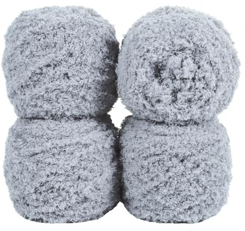 Uiopa Flauschige Wolle Garn Hellgrau, 400g(4 x 100g, 4 x 80m) Plüschwolle zum Stricken 3 Stränge Fransengarn, Handstrickgarn Weiche Häkelwolle zum Decken Schals Mützen DIY-Projekte