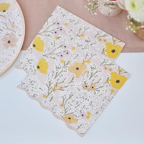 Ginger Ray Pink Floral Print Luncheon Napkins Party Tableware 16 Pack, Pastel