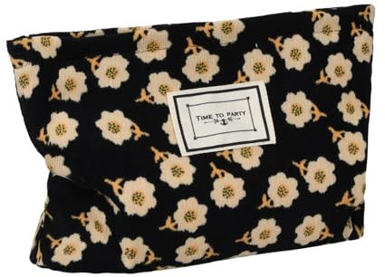 Sac à Cosmétiques à Motif Floral Glissière, Velours Côtelé Trousse de Maquillage de Toilette Voyage Portables Pochette Cosmétique en Toile Portable Makeup Bag, Velvet Cosmetic Bag for Women (Noir)