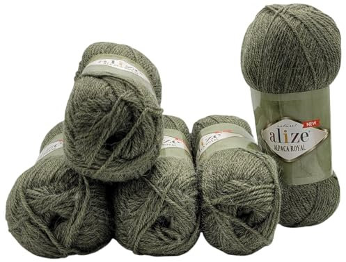5 x 100 Gramm Ilkadim Export Alpaka Royal Strickwolle, 500 Gramm Strickgarn einfarbig mit 15% Alpakawolle (oliv 577)