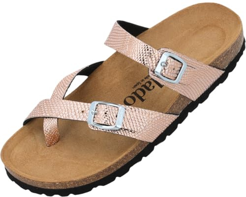 Palado Damen Pantoletten Cres Metallic - elegante Sandalen Made in Spain - bequeme Hausschuhe mit dämpfendem Kork-Fußbett - modische Sommerschuhe