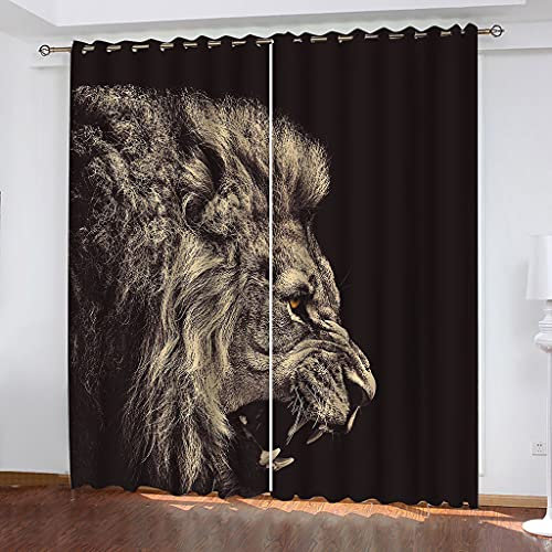 Gardinen Wohnzimmer Kinderzimmer Verdunkelungsvorhang 3D Grauer Tierlöwe Druck Vorhänge Blickdicht Schlafzimmer Thermovorhang Mit Ösen, 2Er Set Fensterdekoration 200X160Cm (BxH)