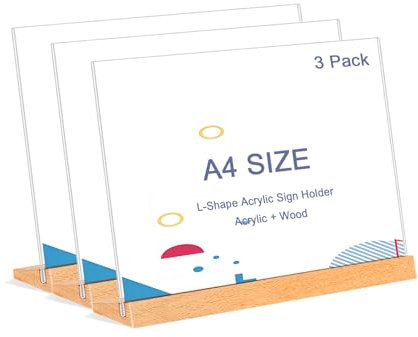 Presentoir A4 Acrylique avec Base en Bois porte affiche, Lot de 3 Porte Menu, Porte Document Mariage Porte-documents inclinés en acrylique transparent, présentoirs de comptoir (A4-horizontal -clair)
