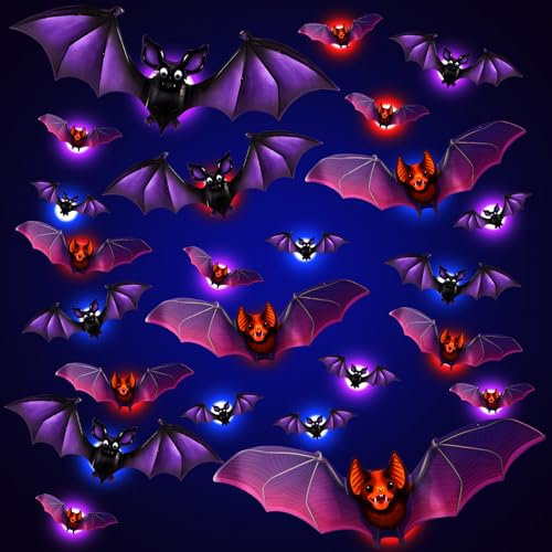 Decoración de Halloween murciélago 3D interior con luces LED, Decoración de Halloween al aire libre, Decoración de fiesta de Halloween, para ventanas, paredes, puertas (24, UNO 2)