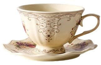 LINYUMEILL English Rose Coffee Cups and Saucers Light Luxury Gold-Rimmed Ceramic Cups and Saucers Antique High Value Flower Tea Cups and Saucers Mugs