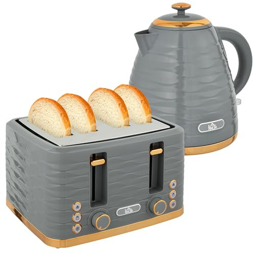 HOMCOM Wasserkocher Toaster Set Frühstück-Set mit 1,7L Wasserkocher, 4 Scheiben Toaster, 2200 W, 7 Bräunungsstufen, Auftauen, Aufwärmen und Krümelfach, Otter Thermostat, Grau
