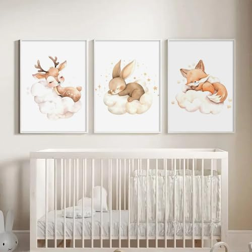 3 Bilder Kinderzimmer Mädchen Hase Reh Fuchs Poster Babyzimmer Tiere Bilder Beige Boho Poster Kinderzimmer Mädchen 30x40 Wandbilder Baby 3er Set Deko Leinwand Kunstdrucke Kinder Geschenk ohne Rahmen