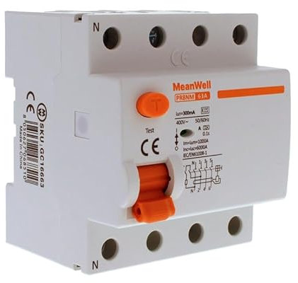 MeanWell Interruttore Differenziale Puro Trifase Tipo A, RCCB 6000A 300mA 63A, RCD 3P+N 380V, 4 Poli Da 4 Moduli DIN