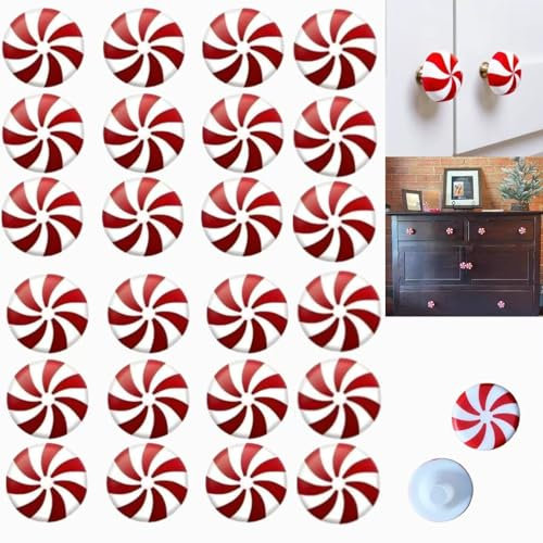 Christmas Acrylic Silicone Red and White Candy Knob Covers, Christmas Door Knob Cover Decor, Candy Christmas Cabinet Silicone Knob Covers, for Various Kitchen Cabinet Living Room Bedroom (24pcs)
