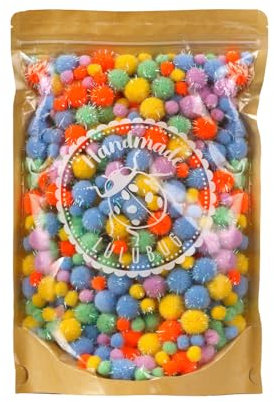 Lulubug Pompons zum Basteln, 500 Stück | 1cm & 2cm | Filzoptik & Glitter, verschließbarer Zipper | Bälle zum Basteln für Kinder und Erwachsene, DIY, Nähen | Circus