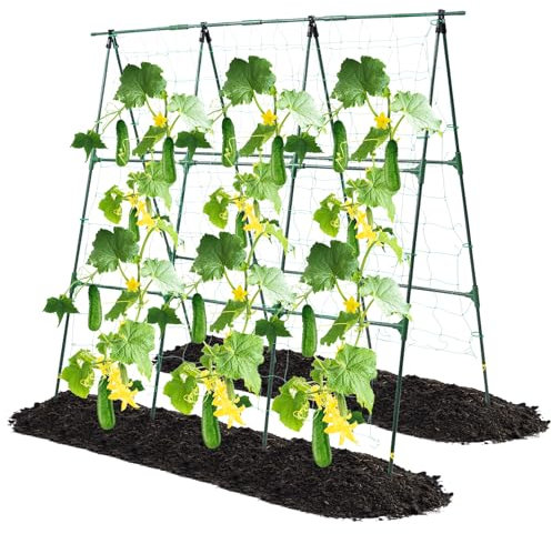 OTOSUNNY Gurkenspalier, 127 x 121,9 cm, A-Rahmen, Garten-Rankgitter für Kletterpflanzen, Outdoor-Unterstützung für Gemüse, Ranken, Tomaten, Gurken, Rankgitter, Hochbeet, mit Netz, Grün