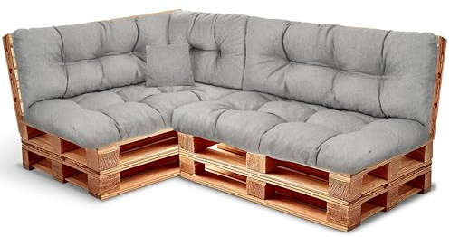 PFM HOME Palettenkissen Outdoor-Kissen für Palettensofa Palettenmöbel Europaletten - 2X Rückenkissen 120 x 40 cm + 2X Sitzkissen 120 x 80 cm + 1x Seitenkissen + 1x Dekokissen 40 x 40 cm - Hellgrau