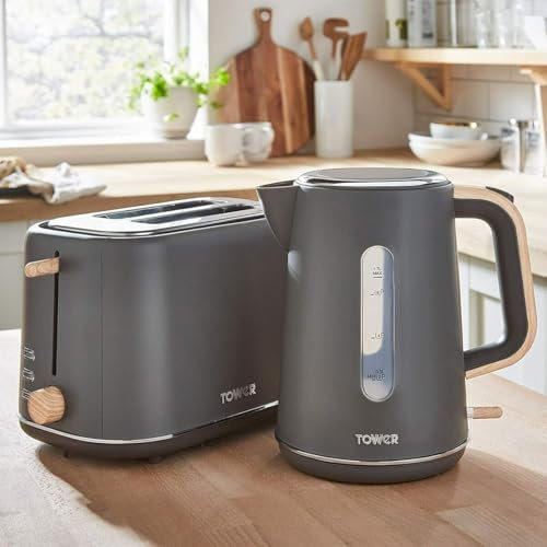 Tower Scandi Collection Grey Electric Kettle and 2-Slice Toaster Set with Wooden Accents