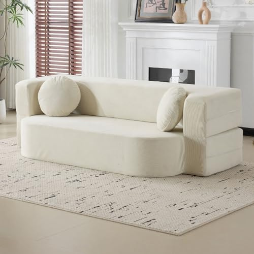 JSWHYBD Cordcouch 1–2 M Umwandelbares Schlafsofa Knitteriger Webstoff + Hochdichter Memory-Schaum Mit Runden Kissen Dick Und Verschleißfest Geeignet for Wohnzimmer und Schlafzimmer(Off-White,2m)