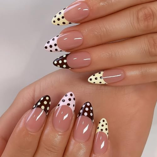 24PCS Mocha Polka Dot French Tip Press On Nails, Almond Shape | Pink, yellow and brown pastel dot blend, retro candy-style nail art, for daily wear, parties and themed events