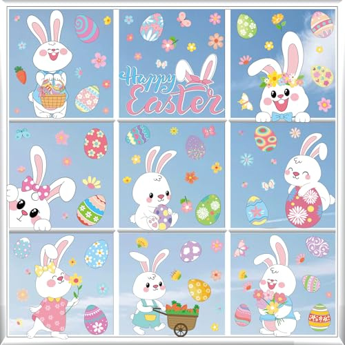 9 Fensterbilder Ostern Selbstklebend, 103 PCS Osterdeko Fenster mit Cartoon-Hasen und Ostereier, Wiederverwendbar Statisch Haftende PVC Oster Fensterbilder für Fenster, Türen, Kinderzimmer, Osterparty