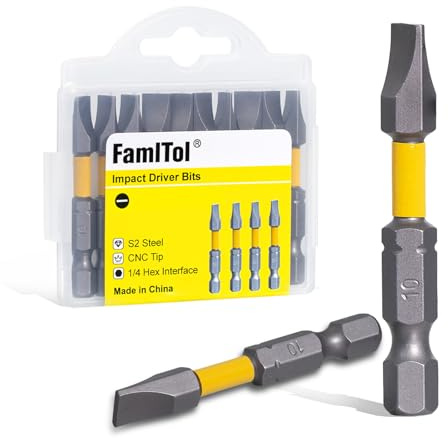 FamlTol SL10 Flat Head Screwdriver Bits 2-Inch Magnetic Slotted Screwdriver Bits 10-Pack S2 Steel 1/4 Hex Shank for Home Repair Electrical Work and Enclosure Fastening