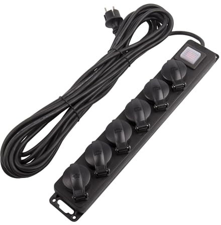 LEDKIA LIGHTING - Bloc Multiprise 6 Prises Schuko EU | IP44 Résistant aux Éclaboussures | Câble 10m avec Interrupteur Lumineux | Pour Intérieur et Extérieur, Noir, PVC