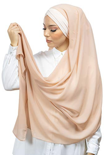 Lamis Hijab - Fertiger Hijab Schal Kopftuch zum Überziehen, gekreuzt, mit integriertem Bonnet-Untertuch, für muslimische Damen, islamischer Schal Gr. Einheitsgröße, nude