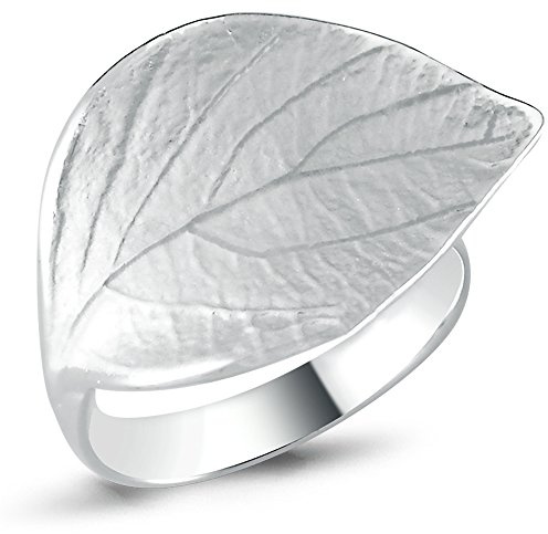 Vinani Damenring aus 925 Sterling Silber – Breiter Blatt-Ring, sandgestrahlt & glänzend, nickelfrei & antiallergisch, handgefertigter eleganter Silberschmuck, Geschenk für Frauen