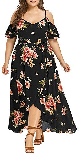 VEMOW Plus Size Elegante Damen Frauen Casual Kurzarm Kalt Schulter Boho Blumendruck Casual Täglichen Party Strand Langes Kleid Schulterfrei Strandkleid (Schwarz, 50 DE / 3XL CN)