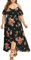 VEMOW Plus Size Elegante Damen Frauen Casual Kurzarm Kalt Schulter Boho Blumendruck Casual Täglichen Party Strand Langes Kleid Schulterfrei Strandkleid (Schwarz, 50 DE / 3XL CN)