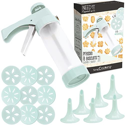 Presse à Biscuits Need’it - Kit Machine avec 22 Disques Emporte-Pièces - Set Accessoires Pâtisserie Décoration Cookie Gâteaux Secs