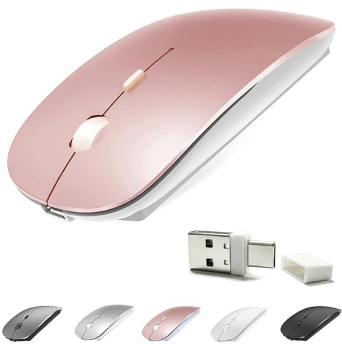 KLO Souris Bluetooth rechargeable 4 modes Bluetooth 3.0/5.2 + USB-2.4G/Type-C, souris Bluetooth pour MacBook Pro/MacBook Air/ordinateur portable/iMac/iPad/Notebook/PC (BT/USB-C or rose)