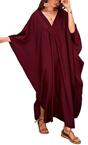 Bsubseach Women Casual Kaftan Batwing Sleeve Plus Size Swimsuit Cover Up Maxi Beach Dress Dark Red