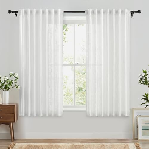 Fmfunctex White Pencil Pleat Sheer Curtains for Bedroom 54 Drop Linen Textured Eyelet Curtains for Living Room Semi Sheer Light Filtering Window Curtain Drapes for Dining Room 2 Panels